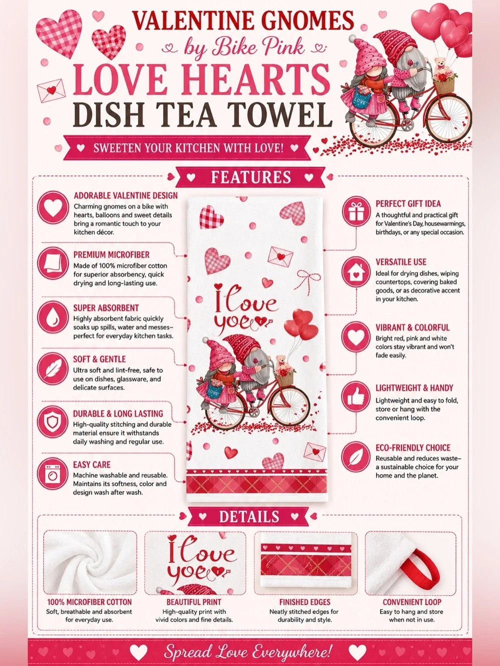 Valentine Gnomes by Bike Pink Love Hearts Dish Tea Towel